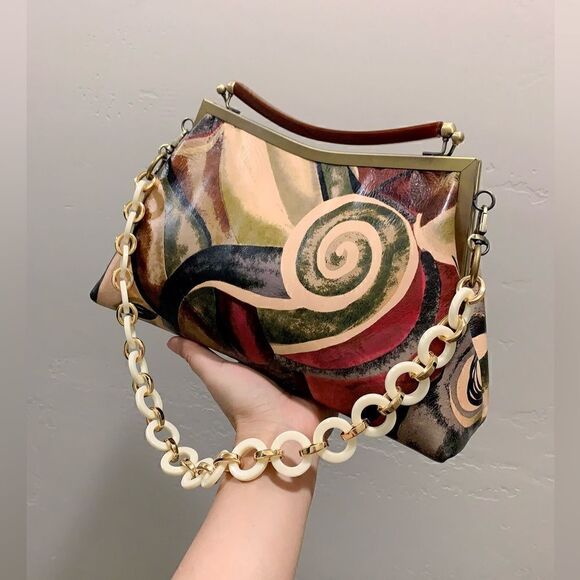 Abstract Print Genuine Cowhide Handmade Double Kisslock Bag with 2 Strap Styles - Picture 12 of 16